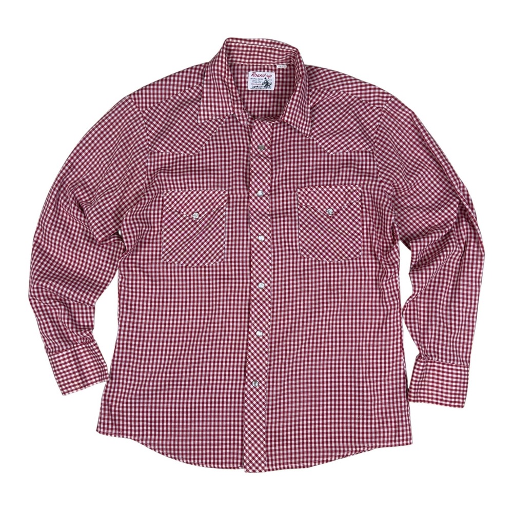 Vtg Western Pearl Snap Shirt Men's Large Red White Gingham 70s‎ Cowboy Round-up